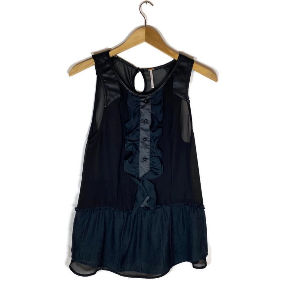 Free People Sleeveless Tank Top Sz S Ruffle Faux Leather Straps Sheer Goth Biker